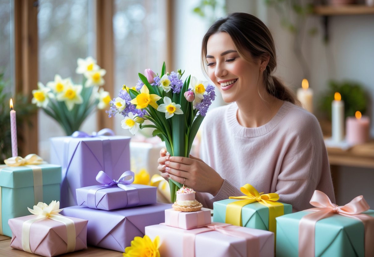 A woman smiling while holding a bouquet of spring flowers surrounded by wrapped birthday gifts and a small cake in a cozy room with natural light.