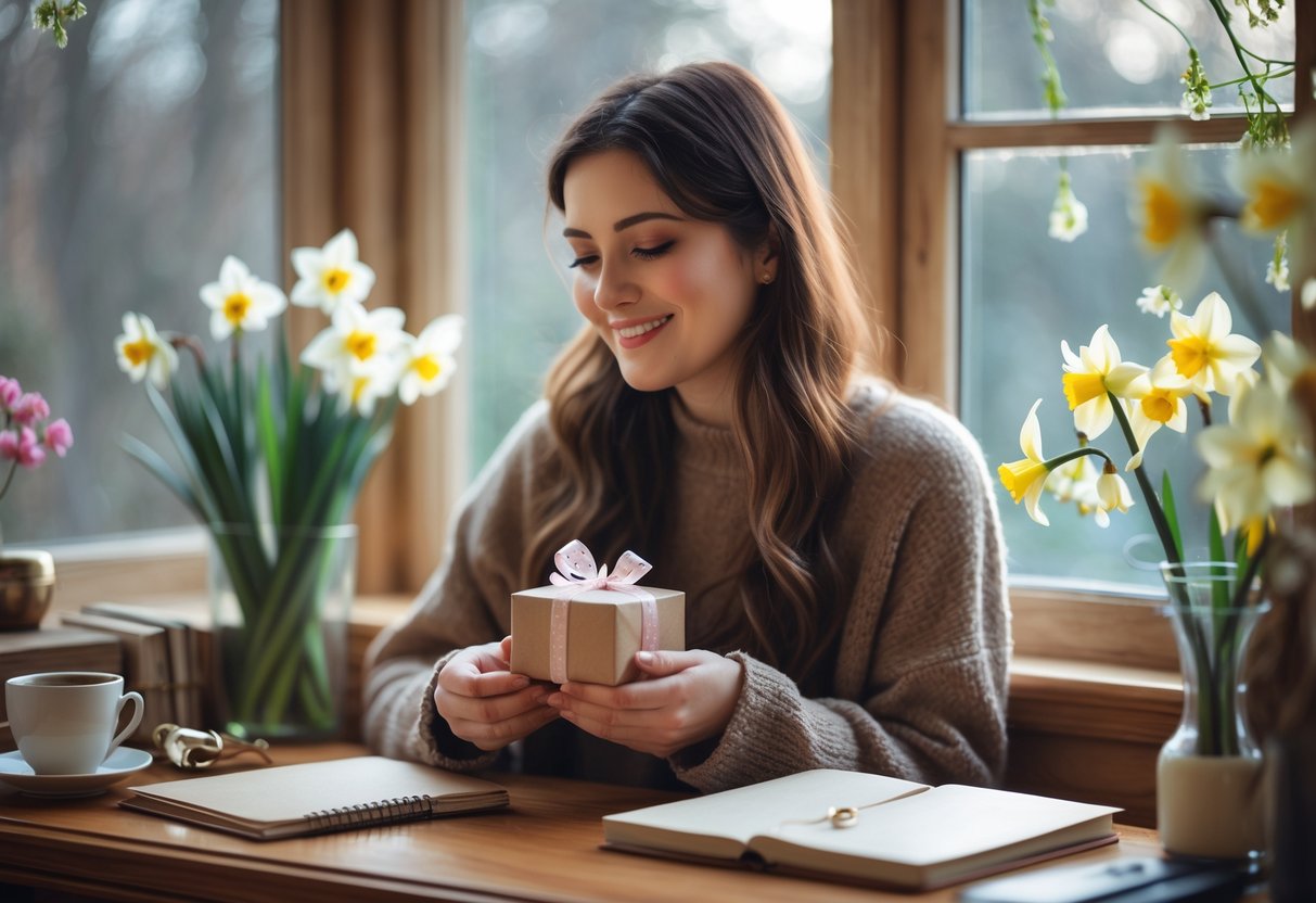 A young woman sitting at a desk by a window, holding a small wrapped gift box with flowers visible outside.