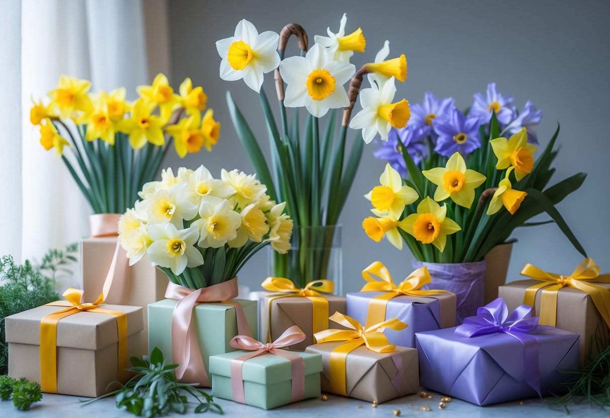 A close-up of a colorful arrangement of March flowers like daffodils and irises wrapped as gifts on a softly lit surface.