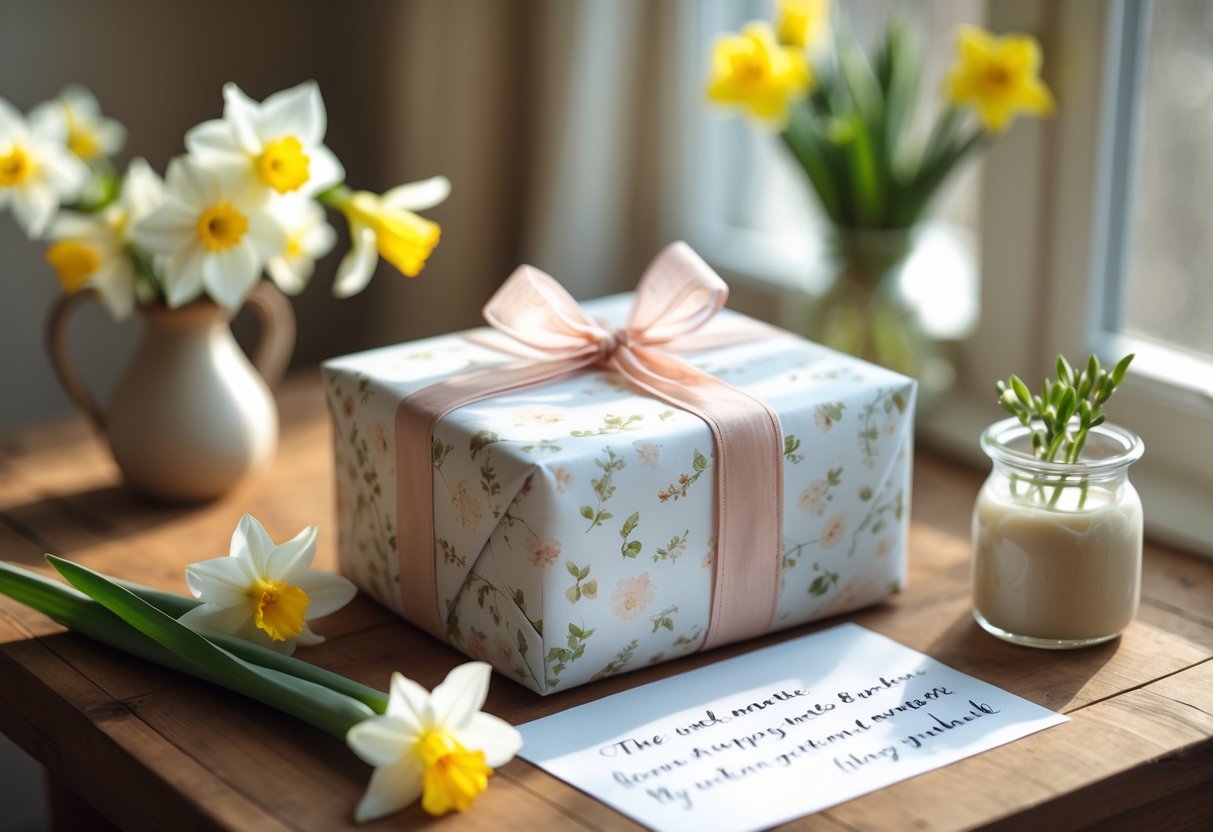 A wrapped gift box with ribbons on a wooden table surrounded by spring flowers and a handwritten note, bathed in soft natural light.