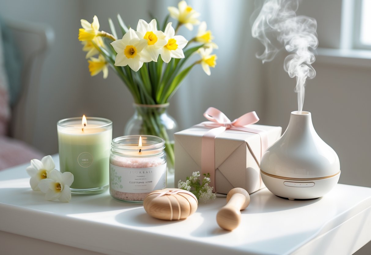 A collection of wellness and self-care gifts including a candle, fresh spring flowers, a wrapped gift box, bath salts, a massage roller, and a diffuser arranged on a white surface with soft natural light.