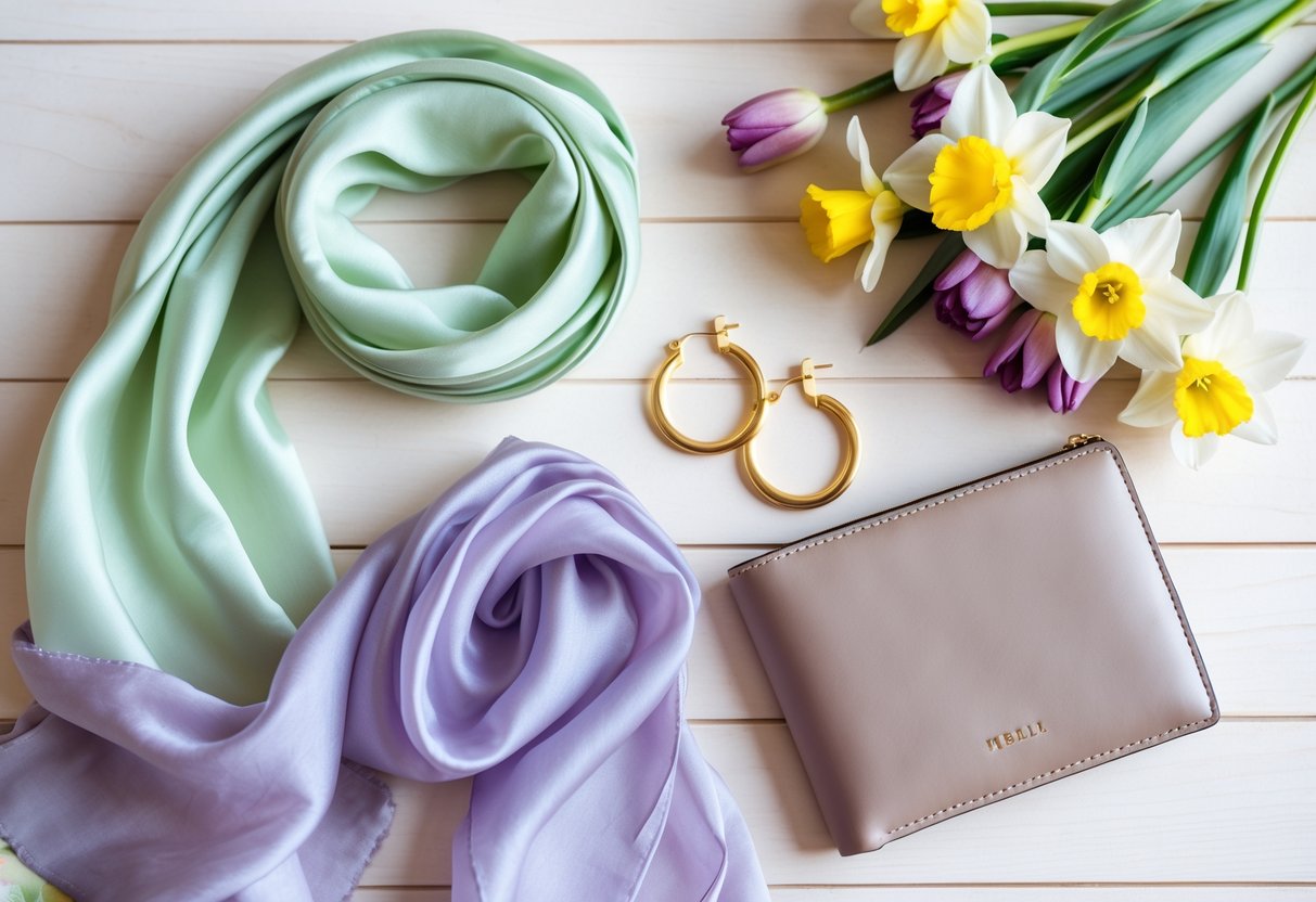 A flat lay of fashion and accessory gifts including a silk scarf, gold earrings, a leather wallet, and spring flowers arranged on a wooden surface.
