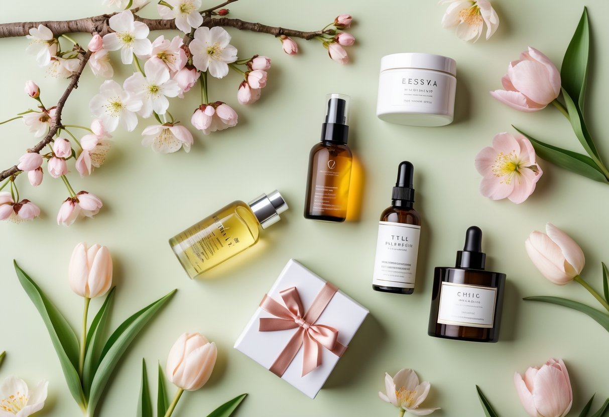 A flat lay of skincare products, fresh spring flowers, and a small gift box arranged on a pastel background.