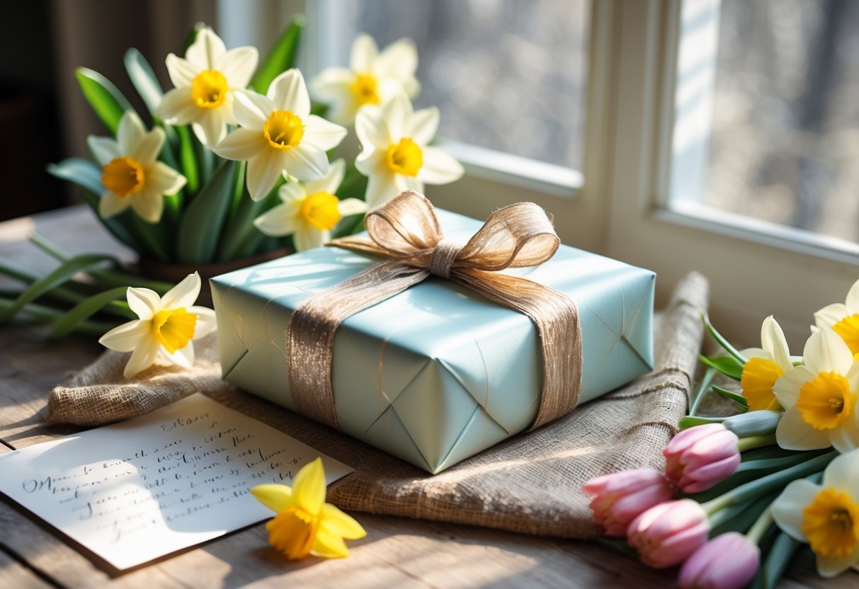 A beautifully wrapped gift box on a wooden table surrounded by spring flowers with soft natural light coming through a window.