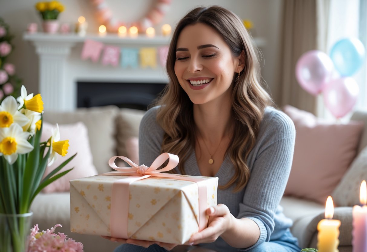 A woman happily receiving a beautifully wrapped birthday gift in a cozy room decorated with spring flowers and birthday decorations.