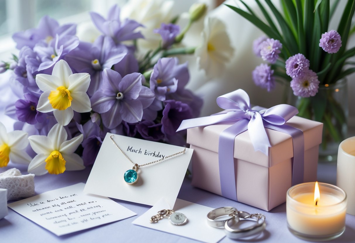A table displaying a bouquet of purple and white flowers, a pastel gift box with a ribbon, a silver birthstone necklace, a handwritten card, and a lit scented candle.