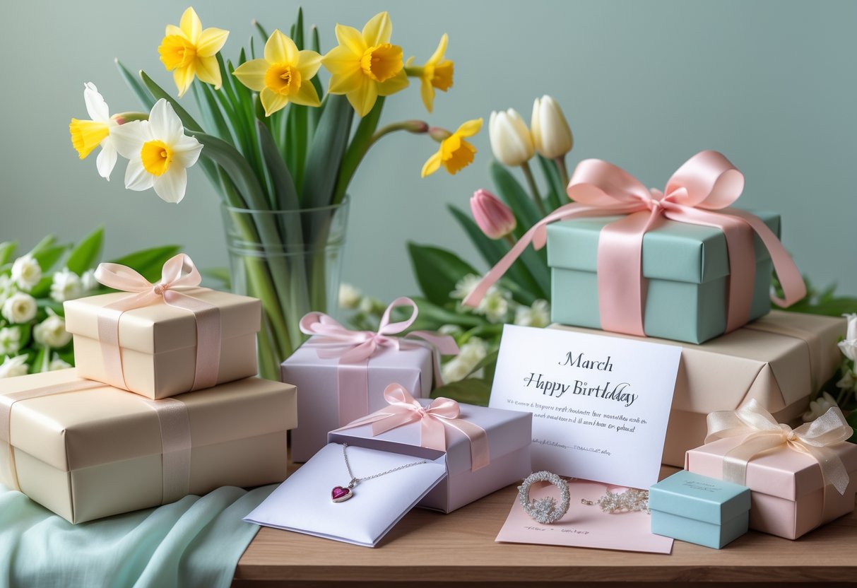 A table with fresh spring flowers, wrapped gift boxes, a handwritten card, and an open jewelry box showing a necklace with a birthstone pendant.