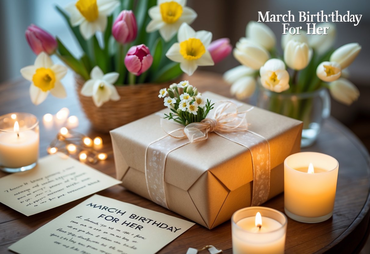 A personalized gift box with ribbon, fresh spring flowers, a handwritten note, and candles arranged on a wooden table.
