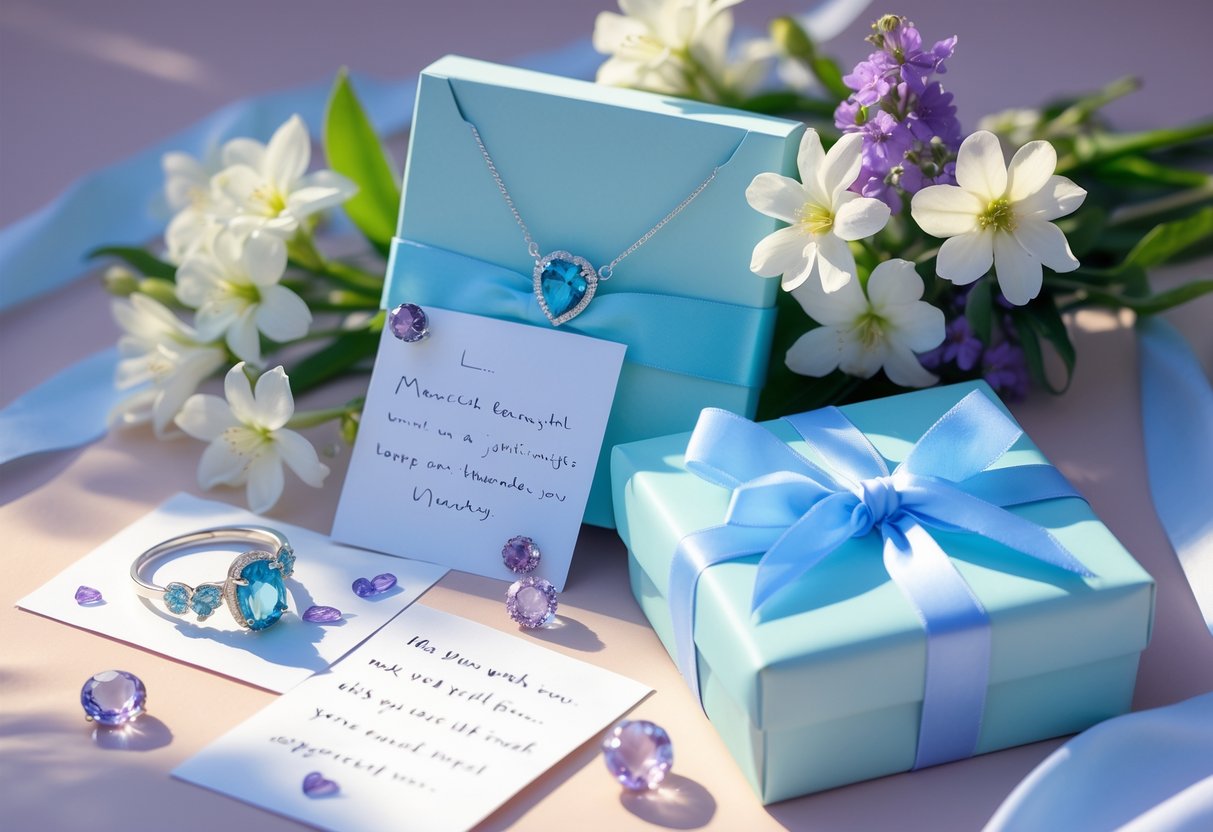 A collection of romantic gifts for a March birthday including aquamarine jewelry, handwritten notes, fresh flowers, and a wrapped gift box on a pastel background.