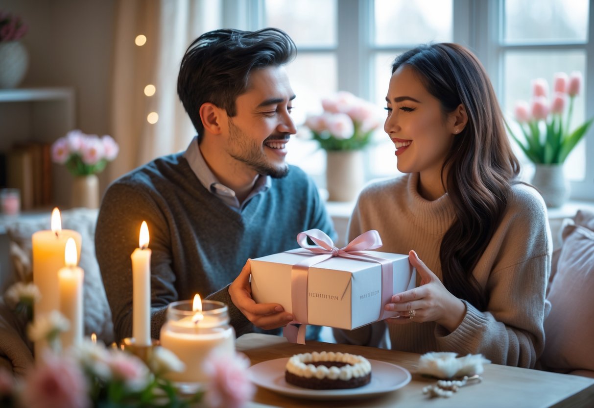 A couple sharing a joyful moment as the man gives the woman a wrapped gift box in a cozy room decorated with flowers and a birthday cake.
