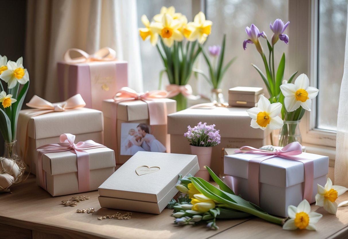 A table with wrapped birthday gifts, spring flowers, and a personalized jewelry box arranged in a warm, softly lit setting.