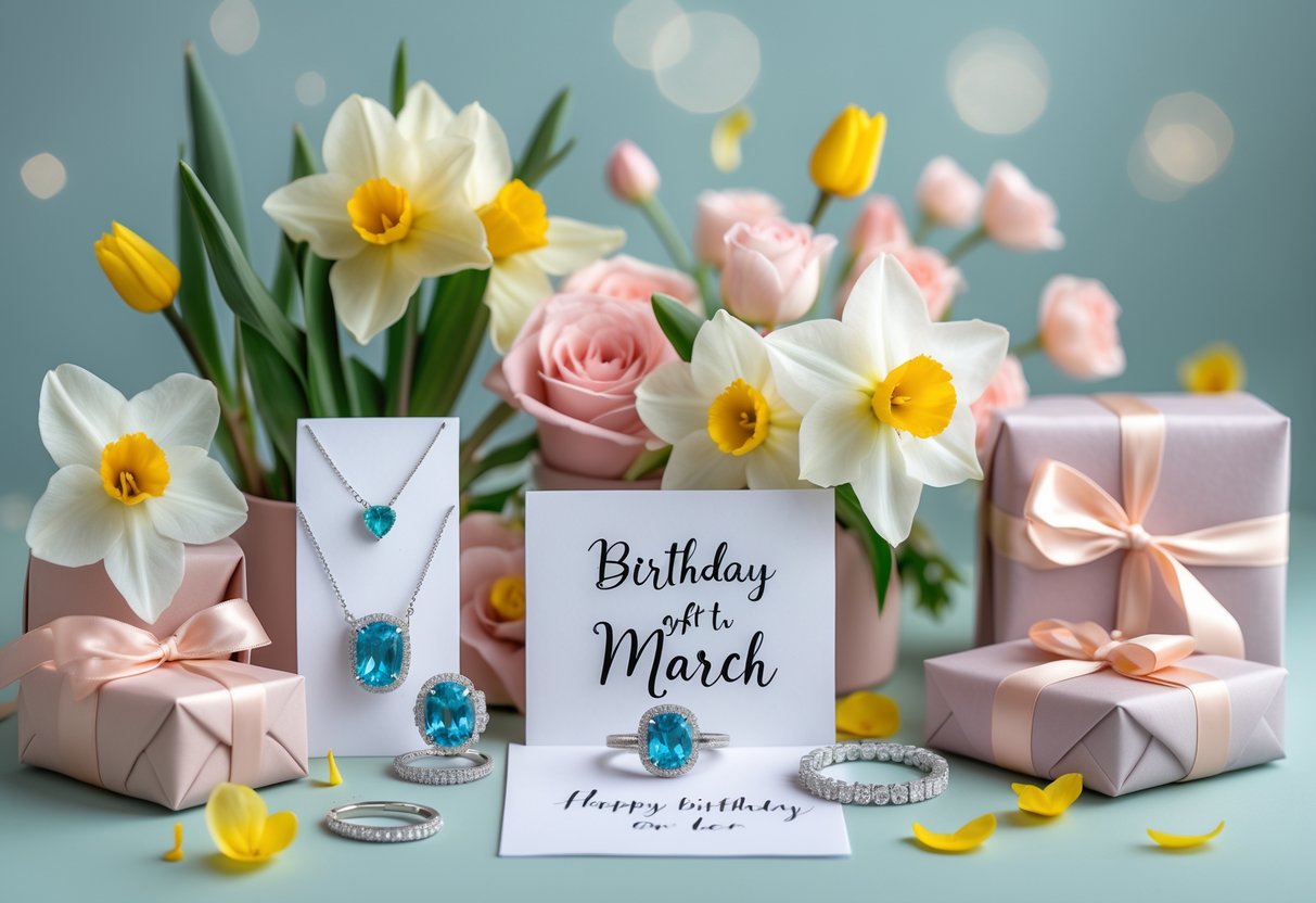 A collection of elegant birthday gifts including aquamarine jewelry, spring flowers, a handwritten card, and a wrapped present arranged on a pastel surface.