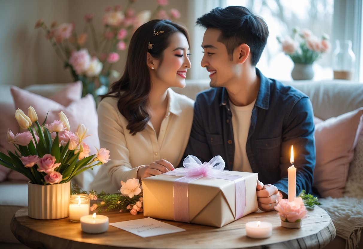 A couple exchanging a beautifully wrapped gift indoors with flowers and a lit candle nearby, smiling warmly at each other.