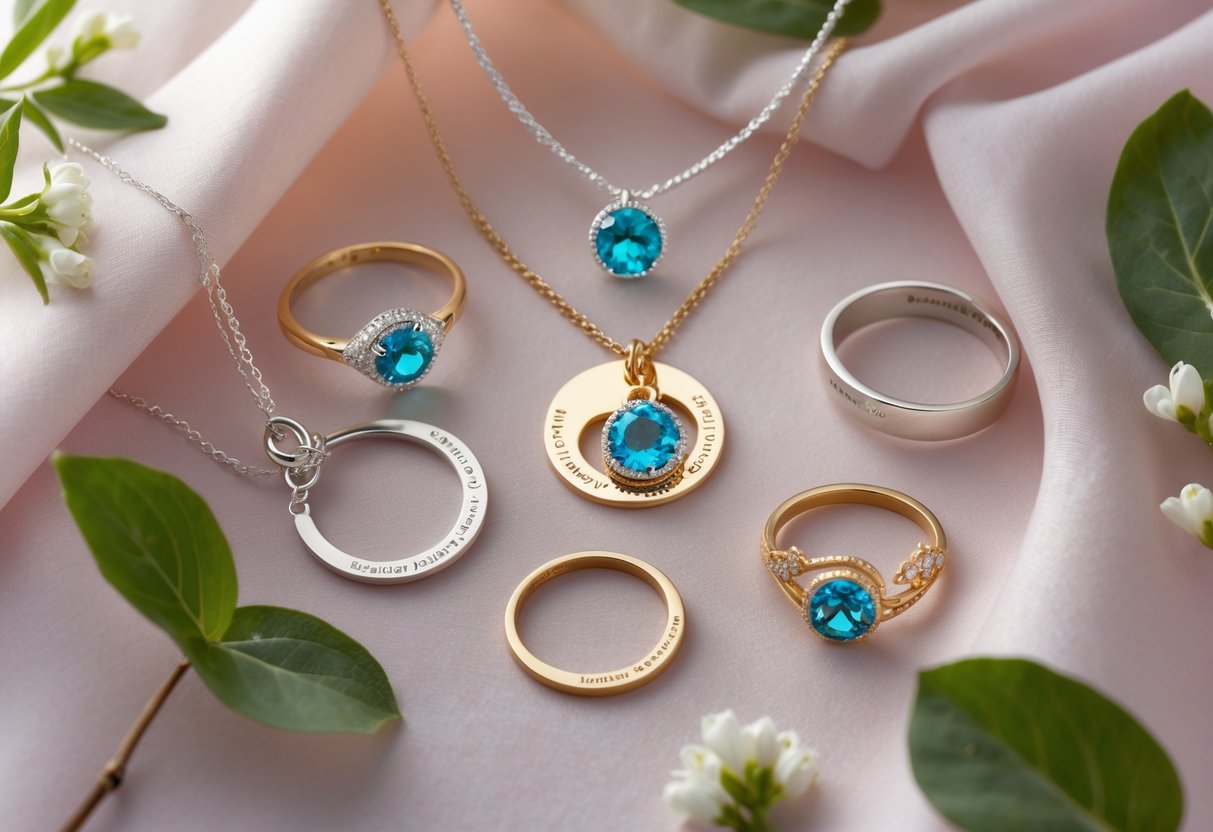 Close-up of personalized jewelry with aquamarine birthstones and engraved accessories displayed with spring flowers and leaves.