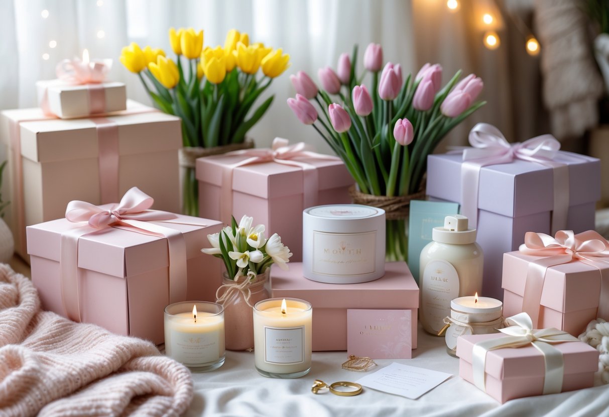A collection of beautifully wrapped subscription boxes and romantic gift items including flowers, candles, and personalized keepsakes arranged on a softly lit surface.
