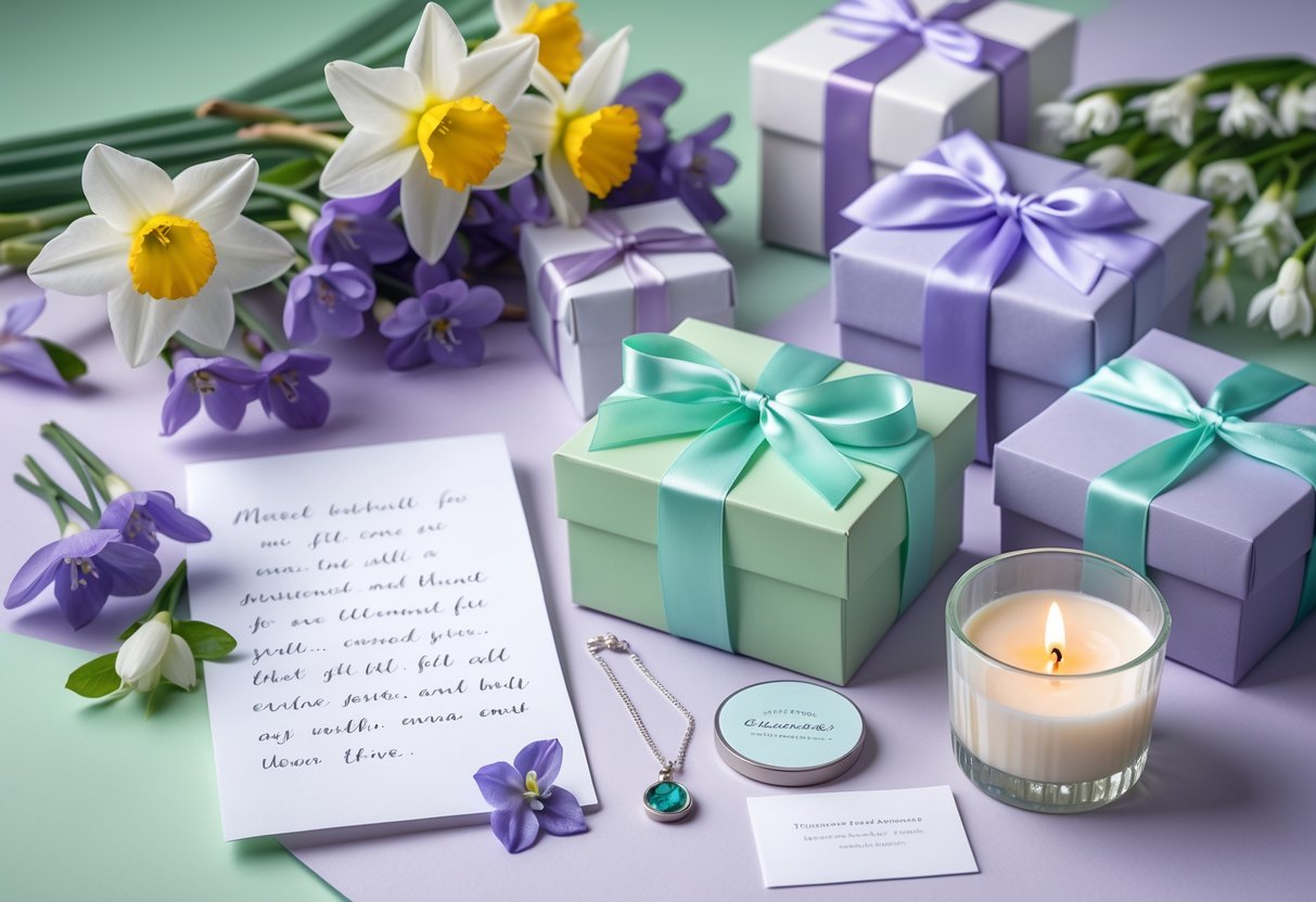 A collection of spring flowers, wrapped gift boxes, a silver birthstone necklace, a handwritten note, and a scented candle arranged together on a pastel background.