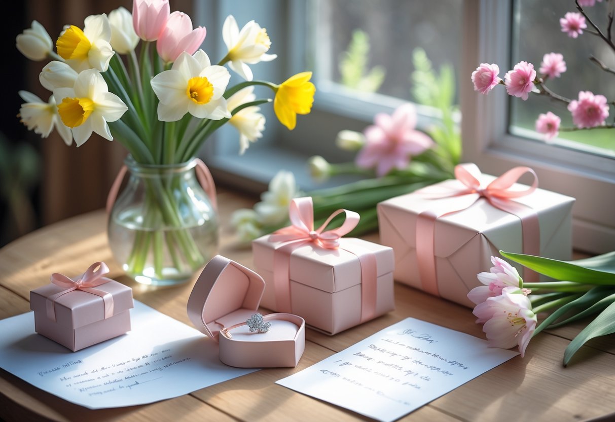 A romantic gift setup with spring flowers, a wrapped present, a heart-shaped jewelry box with a necklace, and a handwritten note on a wooden table by a sunlit window.