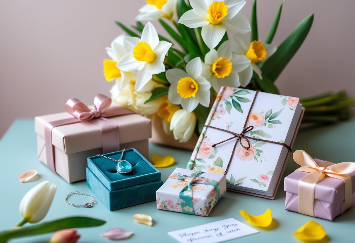 A collection of personalized birthday gifts for her in March, including an aquamarine necklace, a floral journal, spring flowers, and a wrapped gift box arranged on a pastel surface.