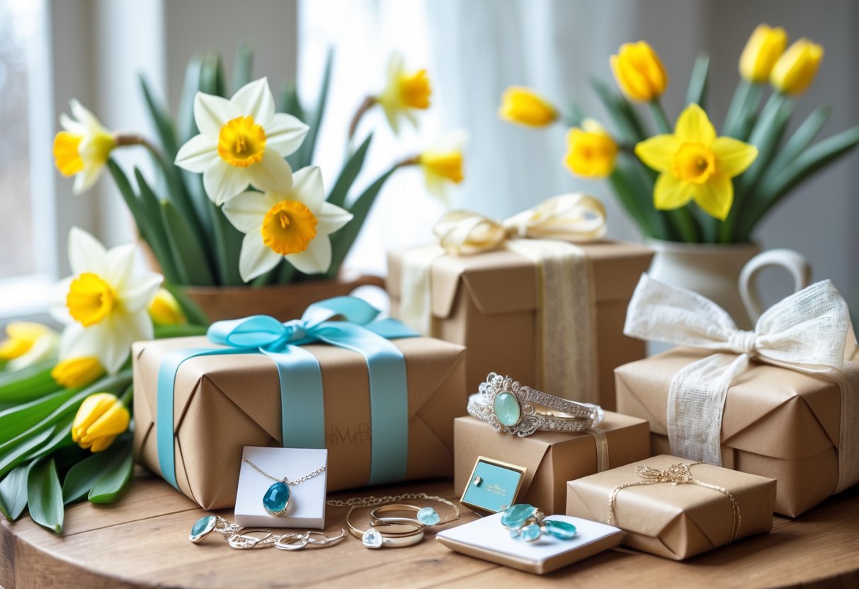 A table with spring flowers and wrapped birthday gifts, including personalized jewelry and handcrafted keepsakes.