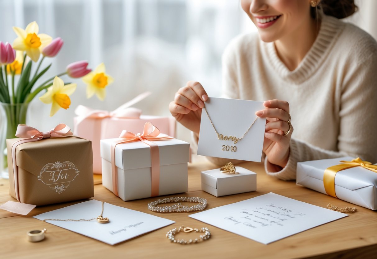 A woman smiling as she unwraps personalized birthday gifts including a jewelry box, necklace, card, and spring flowers on a wooden table.