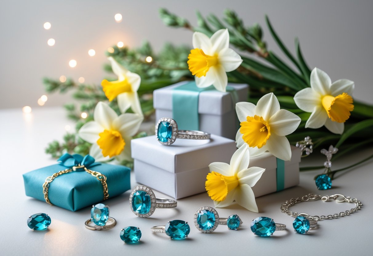 A display of March birth symbols including aquamarine gemstones, daffodil flowers, and elegant jewelry arranged as thoughtful birthday gifts on a soft background.