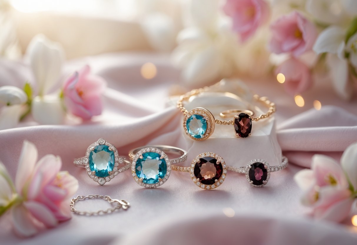 Close-up of elegant aquamarine and garnet jewelry pieces arranged on soft pastel fabric with floral accents.