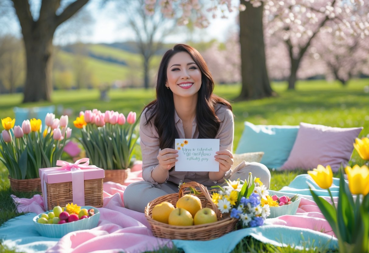 A woman outdoors in a park surrounded by spring flowers, enjoying a picnic with a gift box and a bouquet of wildflowers.