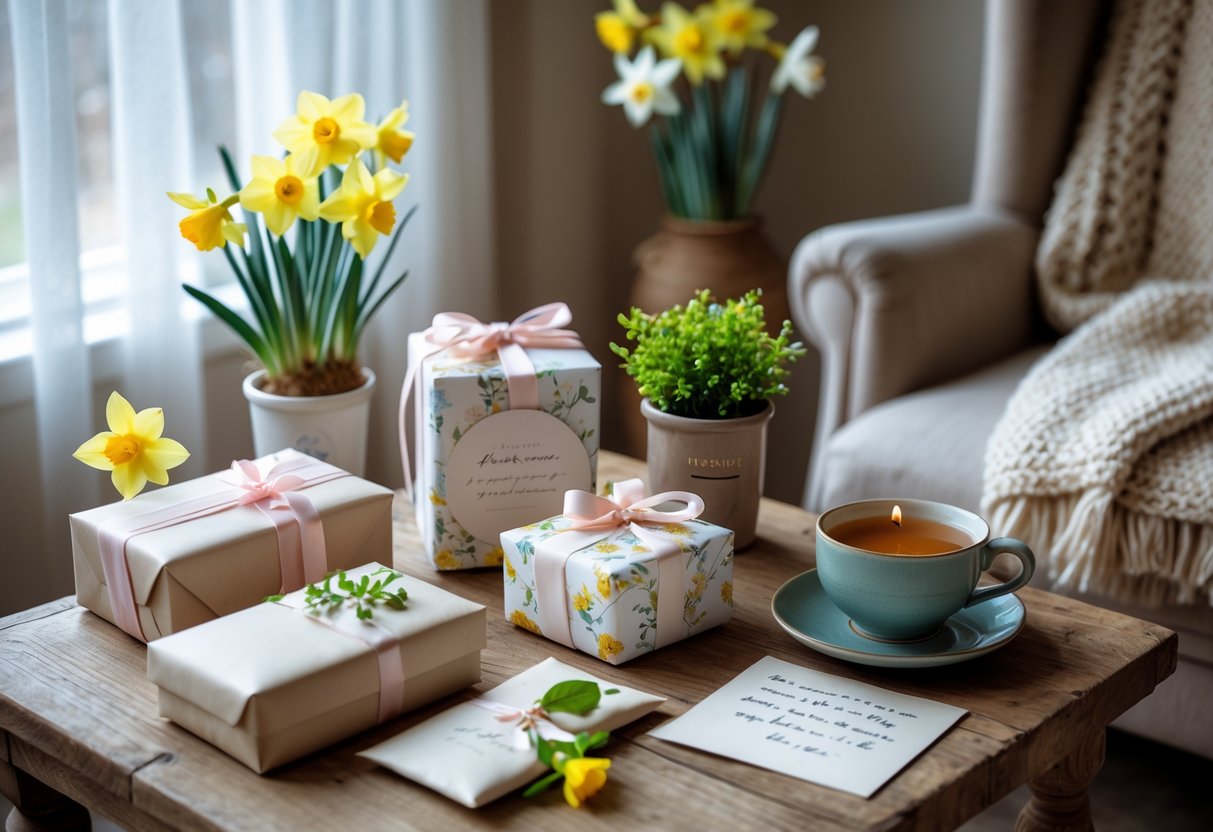A cozy indoor scene with personalized gifts, a cup of tea, blooming flowers, and soft textiles on a wooden table near a window.