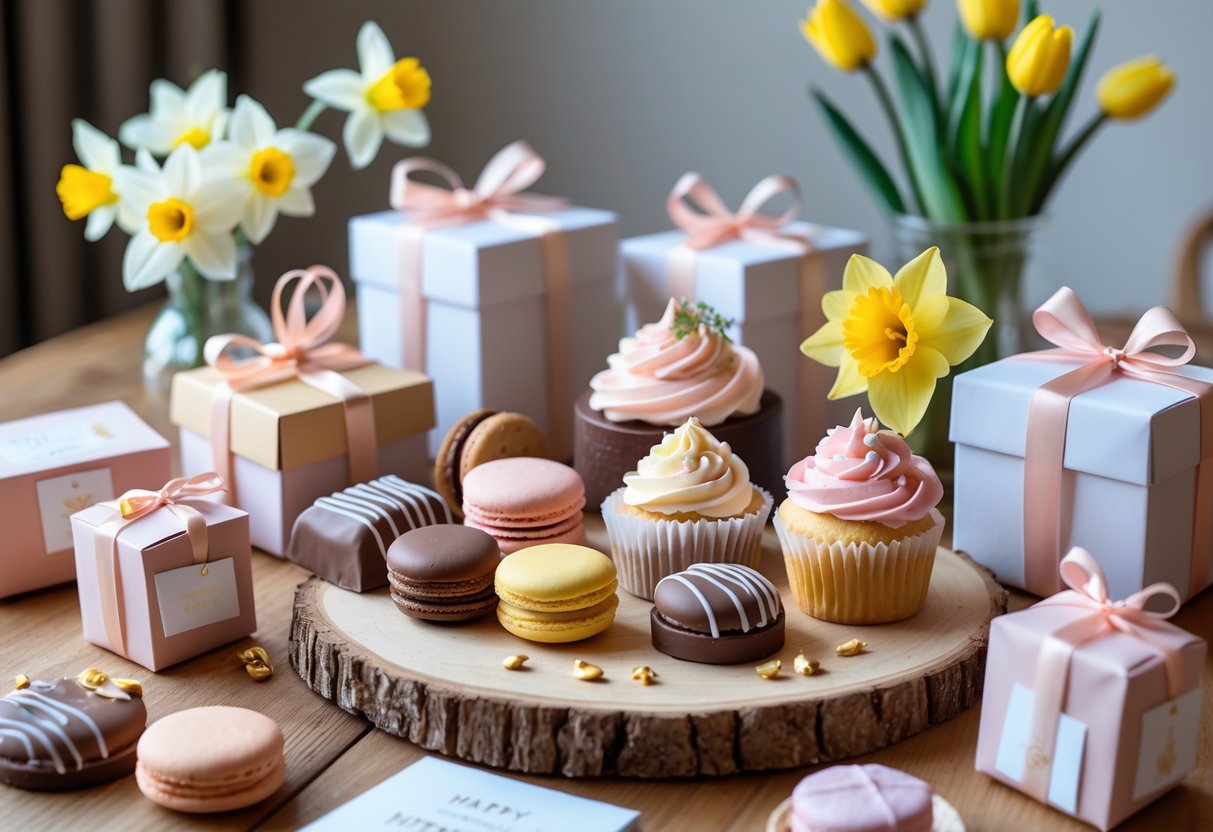 Assorted sweet treats and flowers arranged on a wooden table as a thoughtful birthday gift for her in March.
