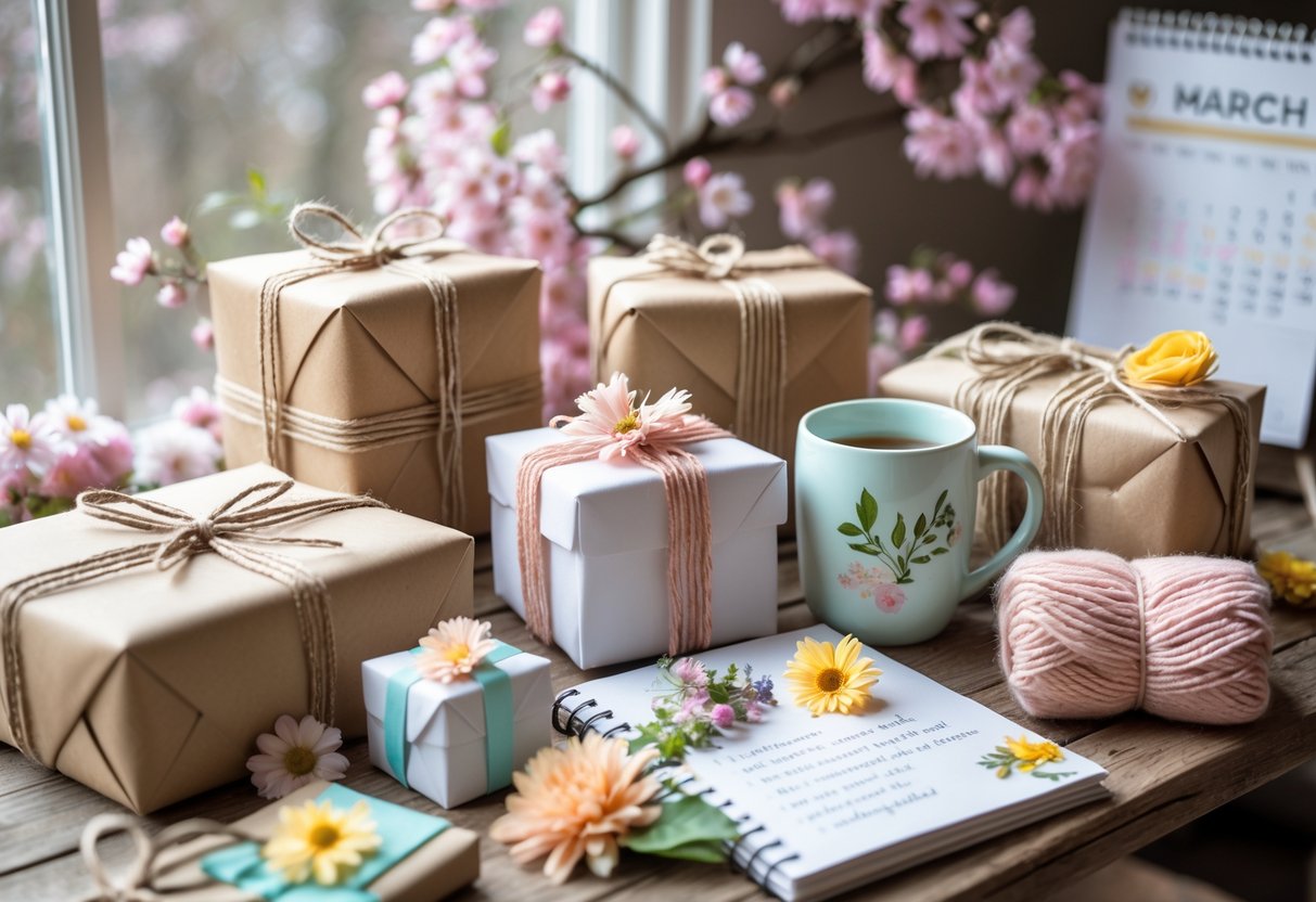 A collection of handmade and personalized gifts arranged on a wooden table with spring flowers and soft natural light.