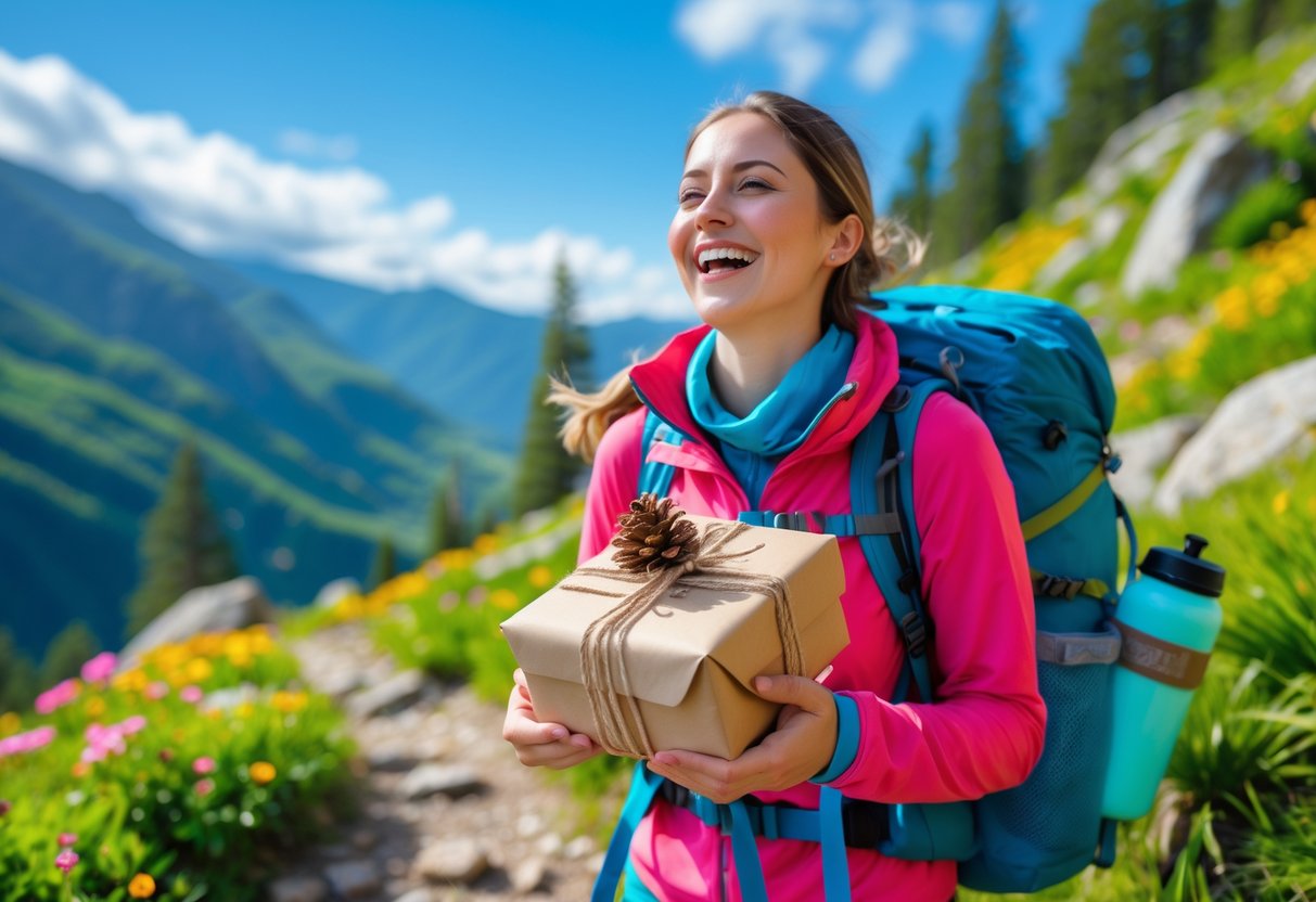 A young woman in hiking gear stands on a mountain trail holding a wrapped gift box surrounded by greenery and wildflowers.