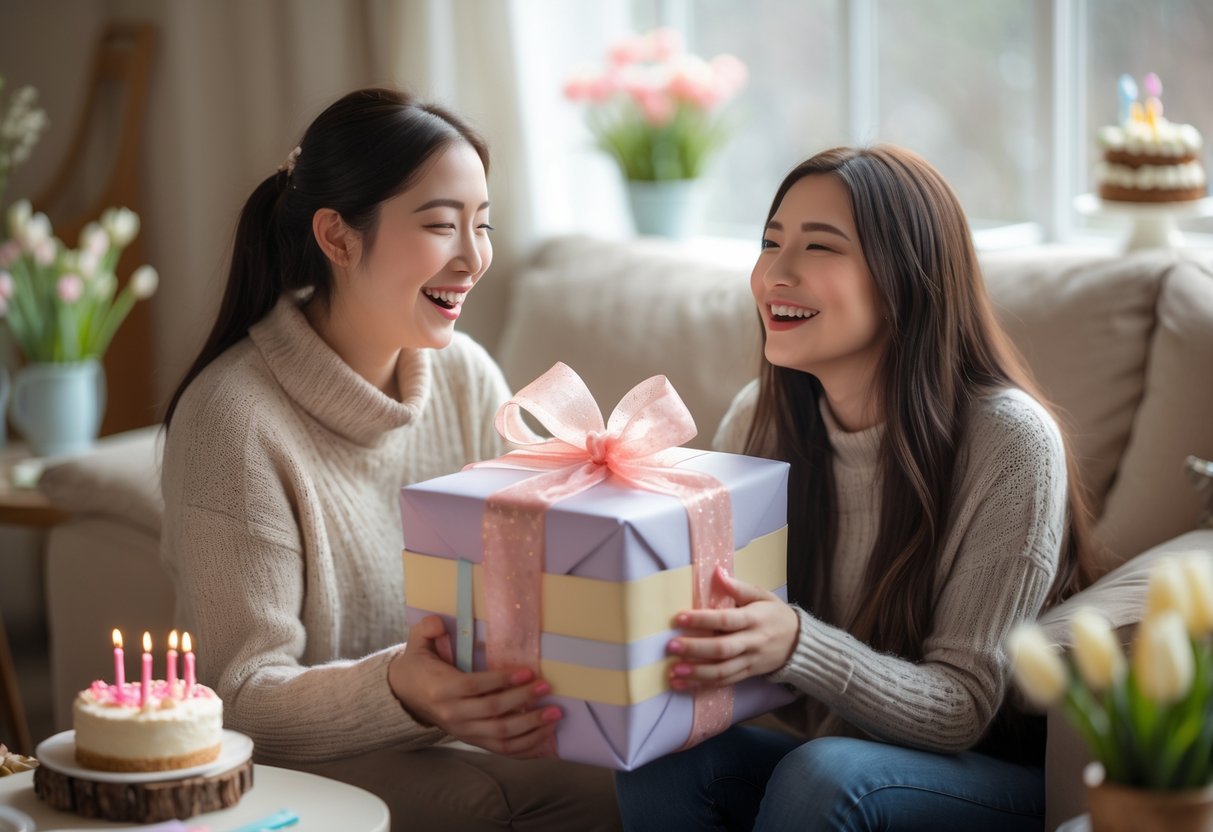 A woman happily receiving a beautifully wrapped birthday gift from a friend in a cozy living room with flowers and soft natural light.