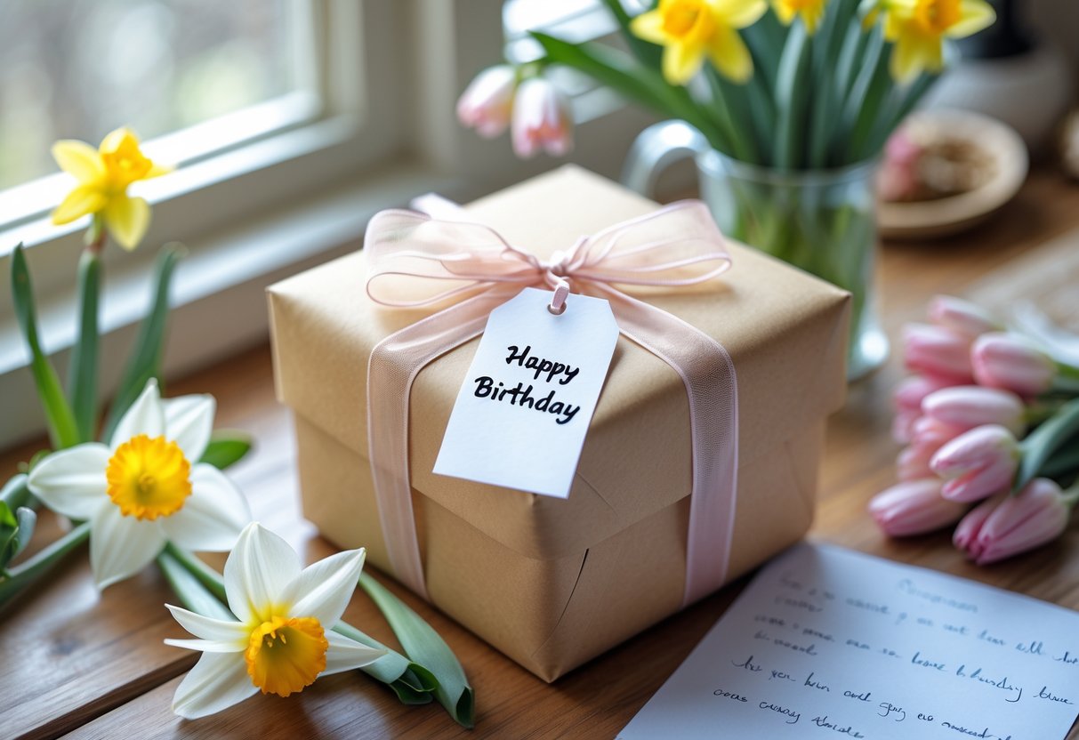 A wrapped birthday gift box with a ribbon on a wooden table surrounded by spring flowers and a handwritten card.