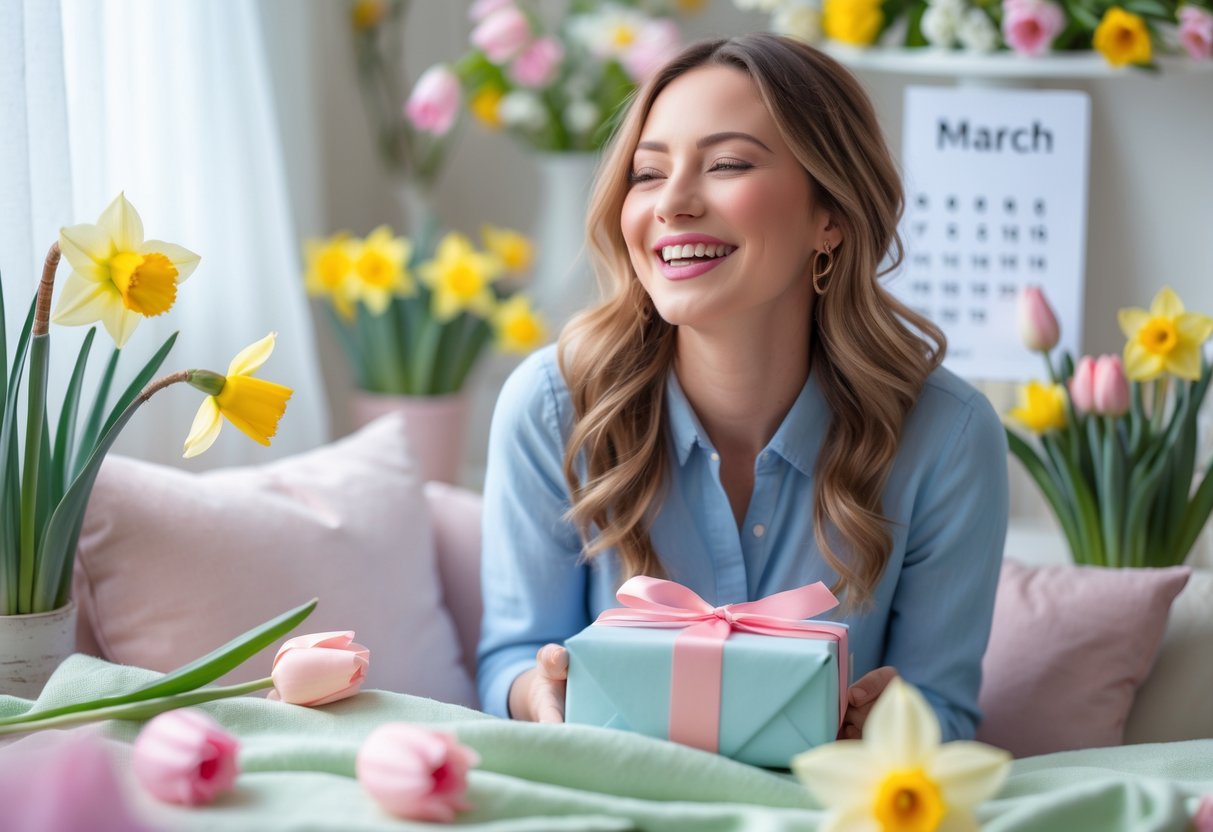 A woman smiling and holding a wrapped gift, surrounded by spring flowers and soft natural light indoors.