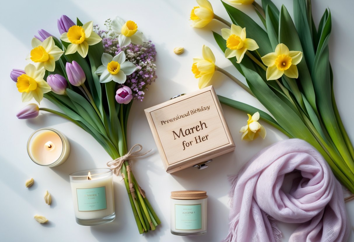 A flat lay of personalized March birthday gifts for her, featuring spring flowers, a jewelry box, a pastel scarf, and a scented candle on a white surface.