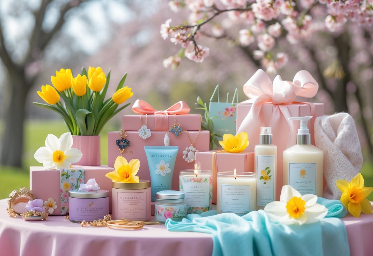A table displaying spring-themed gifts including flowers, jewelry, candles, skincare products, and scarves surrounded by blooming trees and greenery.
