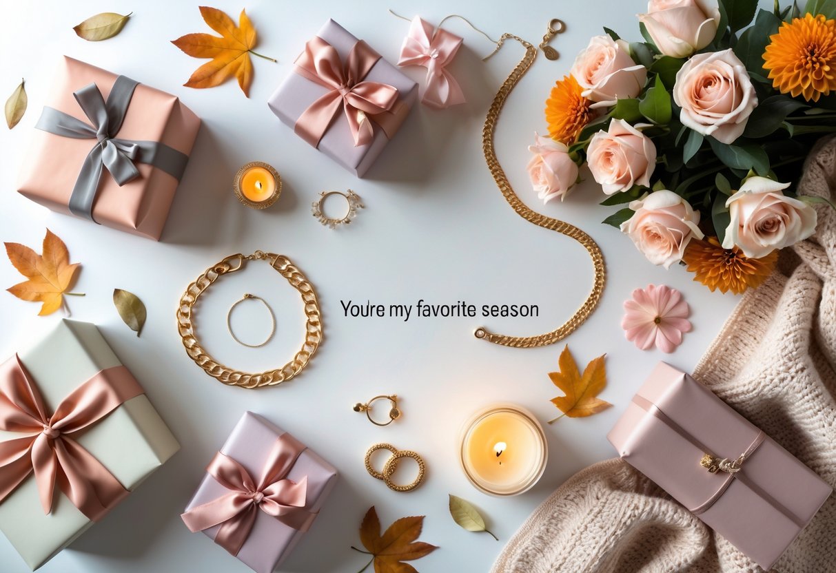 A flat lay of luxury birthday gifts for a woman including wrapped presents, jewelry, flowers, a lit candle, and seasonal decorations on a white background.