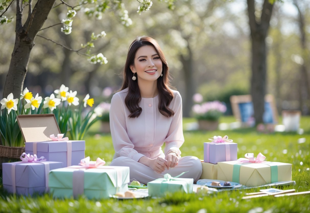 A smiling woman outdoors in a sunny garden surrounded by spring flowers and wrapped birthday gifts, enjoying a cheerful early spring birthday celebration.