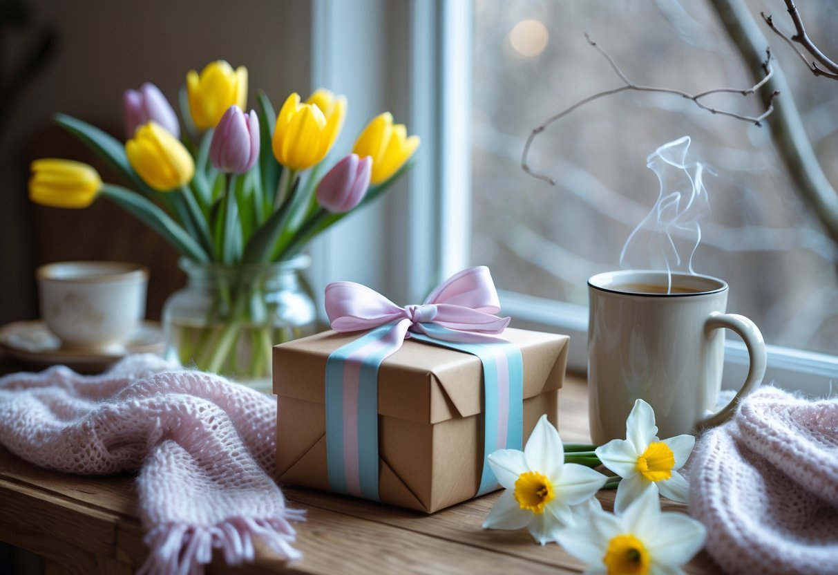 A cozy indoor scene with a wrapped gift, spring flowers, a steaming mug, and a knit scarf on a wooden table near a window showing bare branches outside.