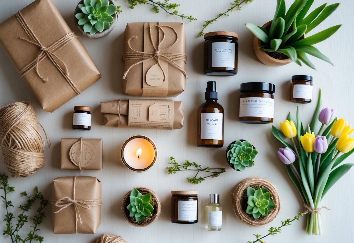 A flat lay of eco-friendly gifts including candles, potted plants, organic skincare, and spring flowers arranged on a wooden surface.