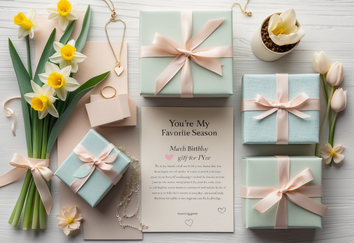 Flat lay of spring-themed birthday gifts including flowers, pastel gift boxes, a handwritten note, and a small jewelry box on a light wooden surface.