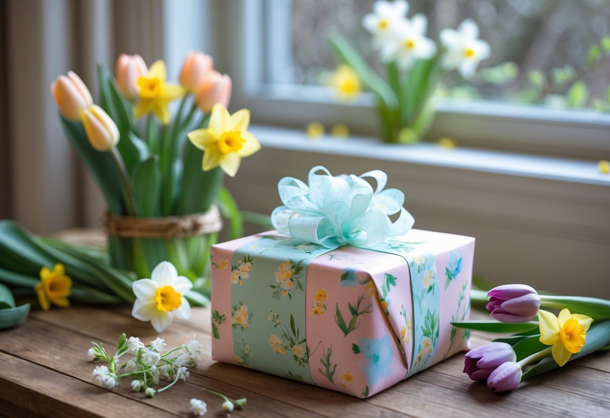 A wrapped birthday gift box on a wooden table surrounded by spring flowers with sunlight coming through a window.