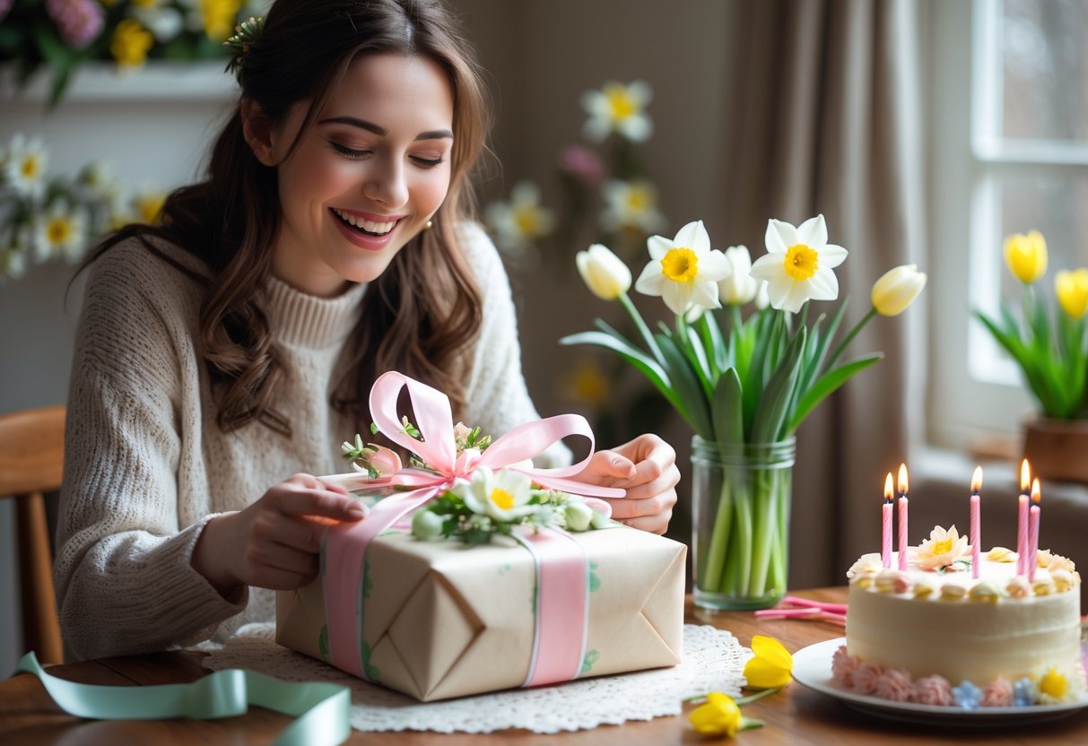 A young woman happily unwrapping a birthday gift in a cozy room decorated with spring flowers and soft natural light.