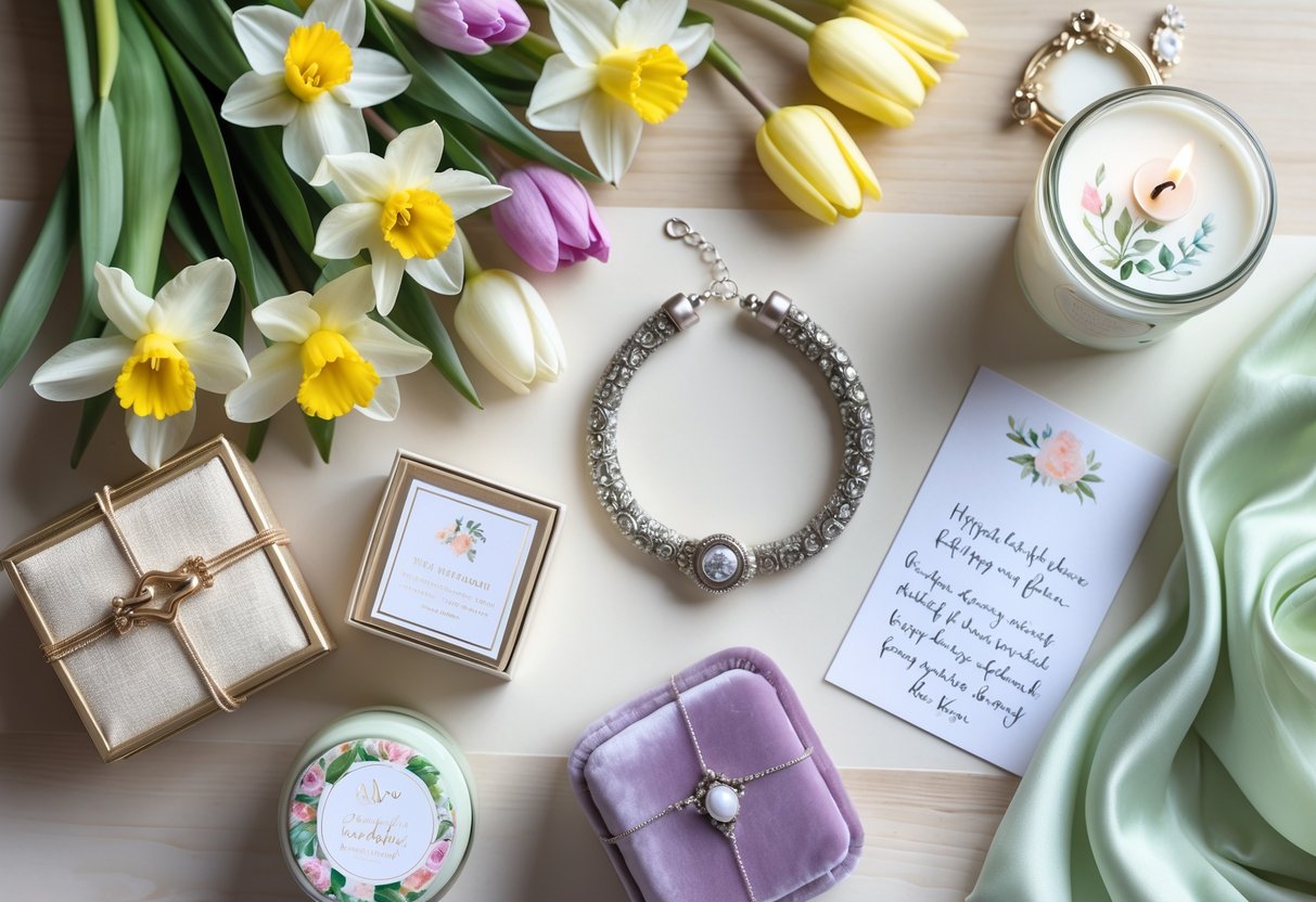 A flat lay of personalized March birthday gifts for her including spring flowers, a jewelry box, engraved bracelet, scented candle, handwritten card, and a silk scarf on a wooden surface.