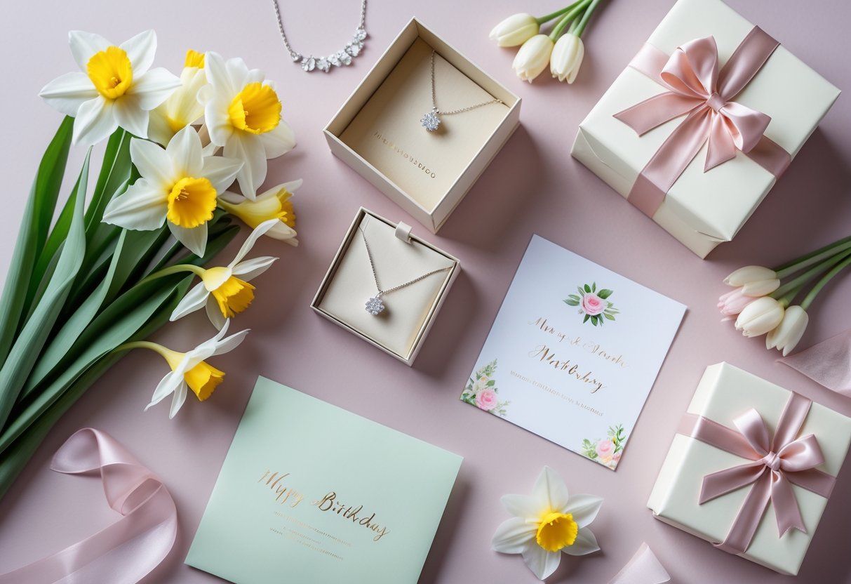 A collection of personalized birthday gifts including flowers, a jewelry box with a necklace, a handwritten card, and a wrapped gift box arranged on a pastel background.