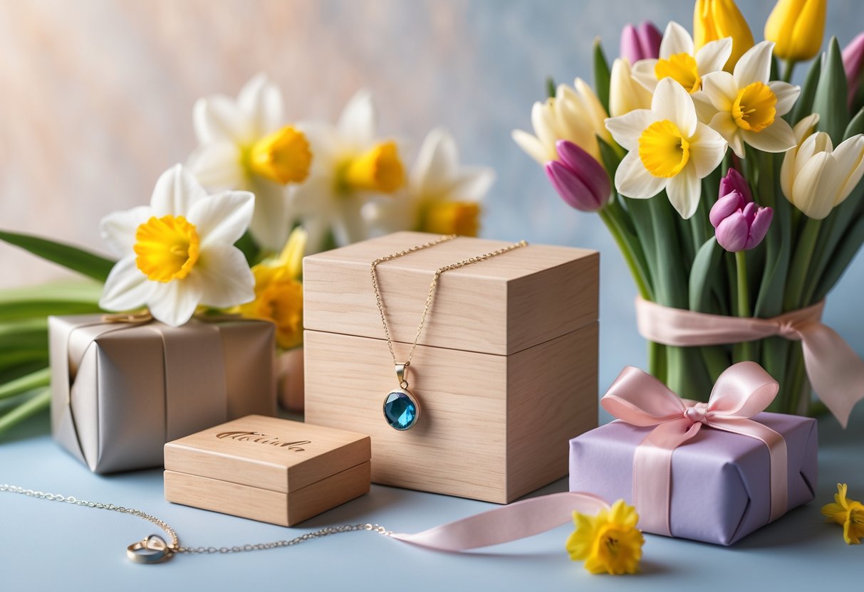 A display of elegant personalized birthday gifts for her including a silver birthstone necklace, engraved jewelry box, spring flowers, and a wrapped gift box on a softly blurred pastel background.