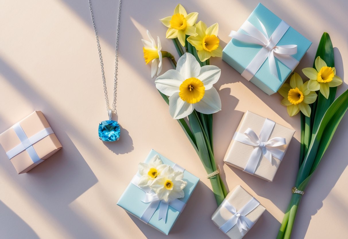 Flat lay of aquamarine necklace, daffodil flowers, and personalized gift boxes arranged on a pastel background.