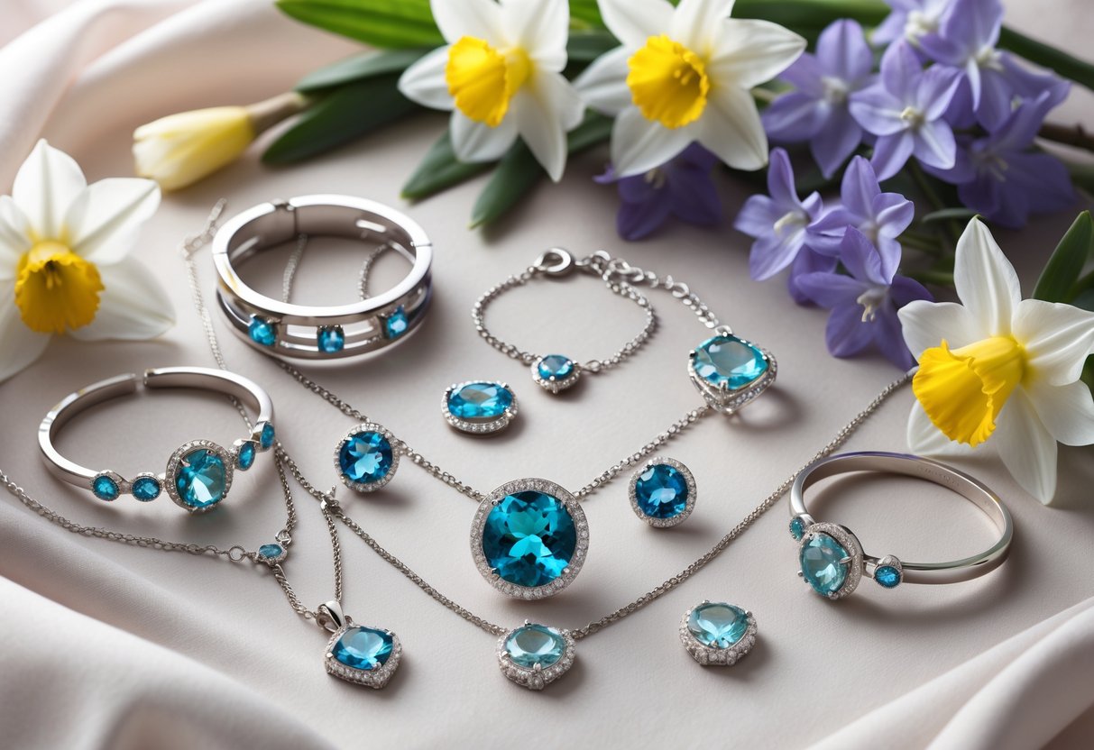 A collection of custom aquamarine jewelry including necklaces, bracelets, and rings displayed with spring flowers on a soft fabric background.