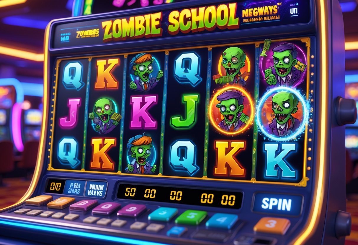 Mesin slot dengan tema sekolah zombie yang sedang berputar dengan simbol-simbol terkait sekolah dan zombie di latar kasino yang ramai.
