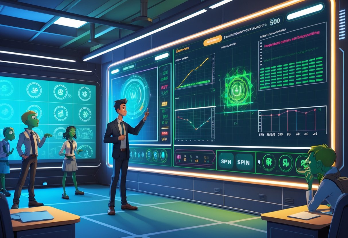 Seorang analis sedang menjelaskan pola efektif untuk game Zombie School Megaways di depan papan digital dengan grafik dan karakter zombie sekolah di latar belakang.